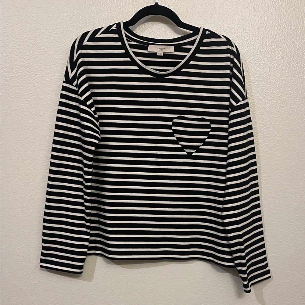 LOFT Black and White Striped Heart Top
